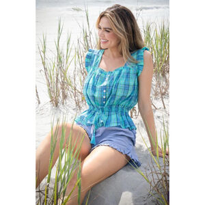 NWT Women's Simply Southern Blue Green Plaid Smocked Blouse Top L